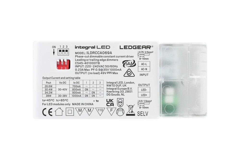 CONSTANT CURRENT DRIVER ADJUSTABLE OUTPUT 26.6-38W 700-1000MA IP20 TRIAC DIMMABLE 30-40V OUTPUT INTEGRAL - ILDRCCA069A