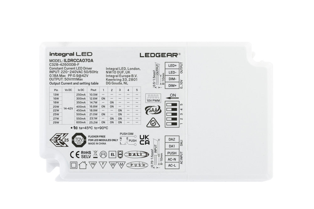 CONSTANT CURRENT DRIVER ADJUSTABLE OUTPUT 13-29W 250-600MA IP20 DALI- DALI2 - PUSH-DIMM 0-10V DIMMABLE 14-42V OUTPUT INTEGRAL - ILDRCCA070A