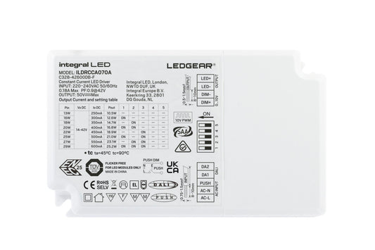 CONSTANT CURRENT DRIVER ADJUSTABLE OUTPUT 13-29W 250-600MA IP20 DALI- DALI2 - PUSH-DIMM 0-10V DIMMABLE 14-42V OUTPUT INTEGRAL - ILDRCCA070A