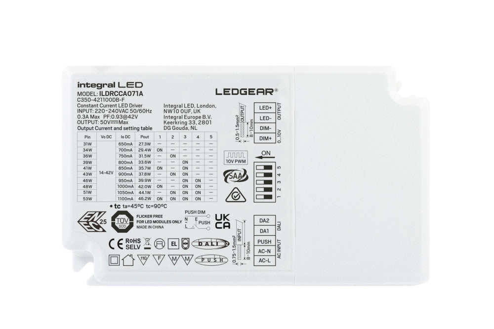 CONSTANT CURRENT DRIVER ADJUSTABLE OUTPUT 31-53W 650-1100MA IP20 DALI - DALI2 - PUSH-DIMM 0-10V DIMMABLE 14-42V OUTPUT INTEGRAL - ILDRCCA071A