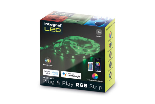 RGB PLUG AND PLAY LED STRIP KITS IP20 5M 4.5W/M 30LED/M 10MM WIDTH 120 BEAM BOX PACK WITH IR CONTROLLER & WIFI APP GOOGLE / ALEXA CONTROL AND UK PLUG INTEGRAL - ILSTRGBA163B
