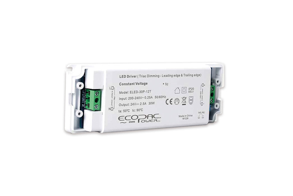 CONSTANT VOLTAGE DRIVER 30W 24VDC IP20 TRIAC DIMMABLE 200-240V INPUT 1.5W MIN LOAD ECOPAC POWER - ELED-30P-24T