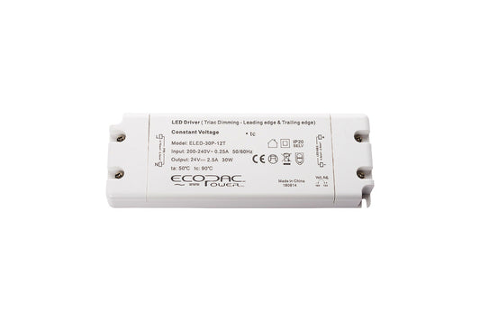 CONSTANT VOLTAGE DRIVER 30W 24VDC IP20 TRIAC DIMMABLE 200-240V INPUT 1.5W MIN LOAD ECOPAC POWER - ELED-30P-24T