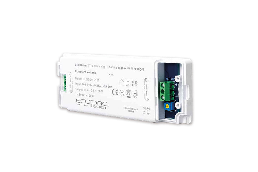 CONSTANT VOLTAGE DRIVER 30W 24VDC IP20 TRIAC DIMMABLE 200-240V INPUT 1.5W MIN LOAD ECOPAC POWER - ELED-30P-24T