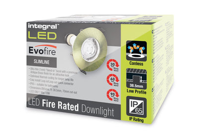 EVOFIRE FIRE RATED DOWNLIGHT 70MM CUTOUT IP65 ANTIQUE BRASS ROUND +GU10 HOLDER INTEGRAL - ILDLFR70D045