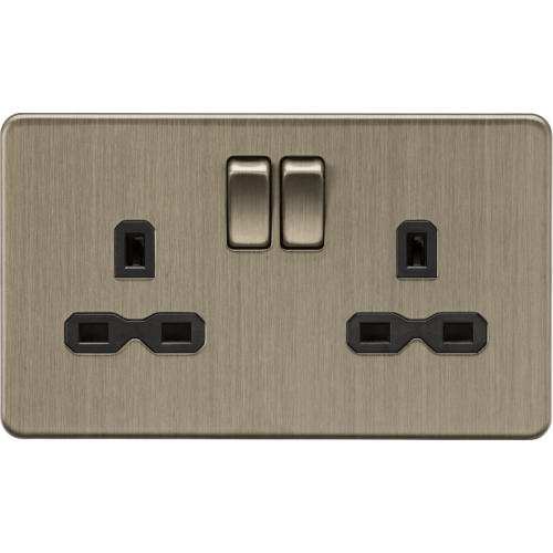 2G DP Switched Socket- Screwless- Antique Brass