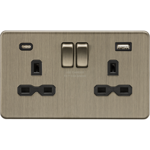 2G DP Switched Socket with dual USB C+A 5V DC 4.0A [shared] - Screwless- Antique Brass