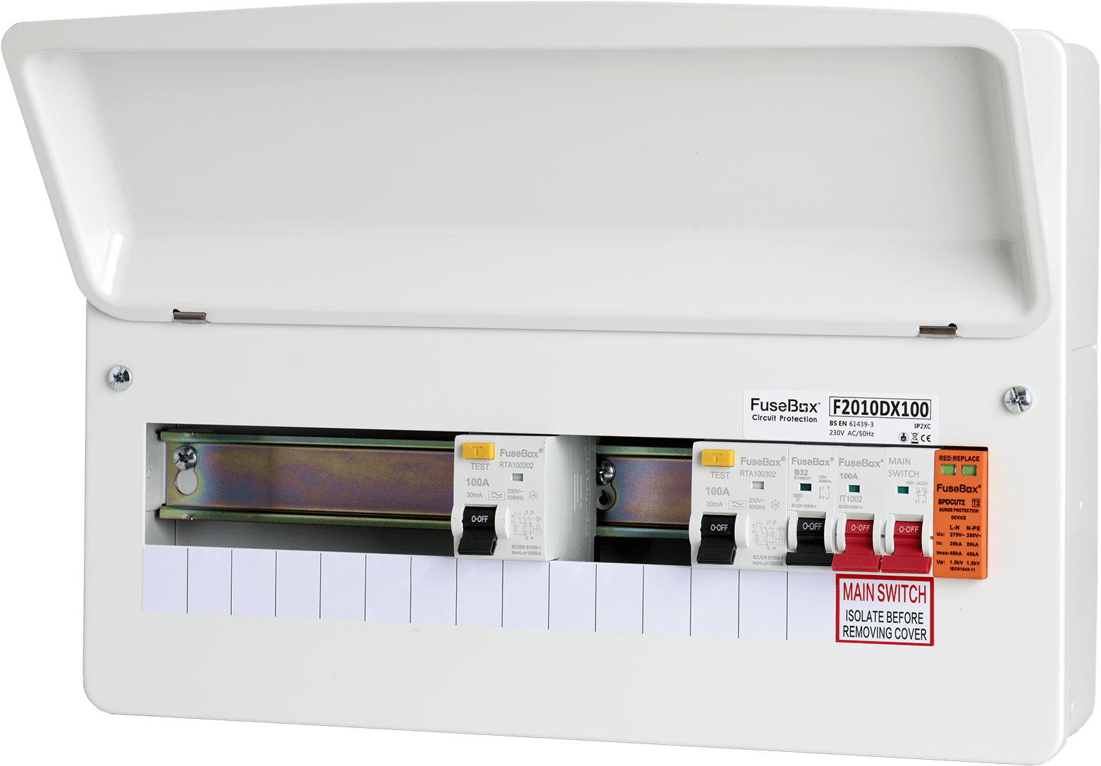 Fusebox DUAL RCD 10WAY (100A 30MA TYPE A) SPD T2 F2010DX100