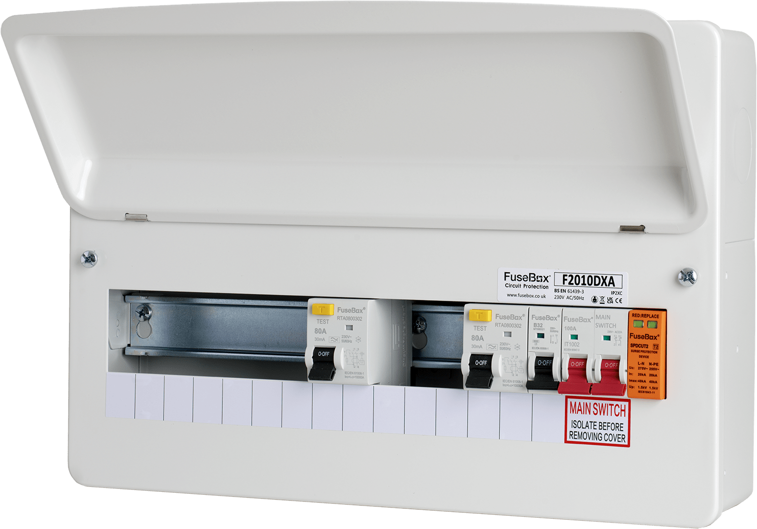 Fusebox DUAL RCD 10WAY T2 SPD (TYPE A RCDS 80A) F2010DXA